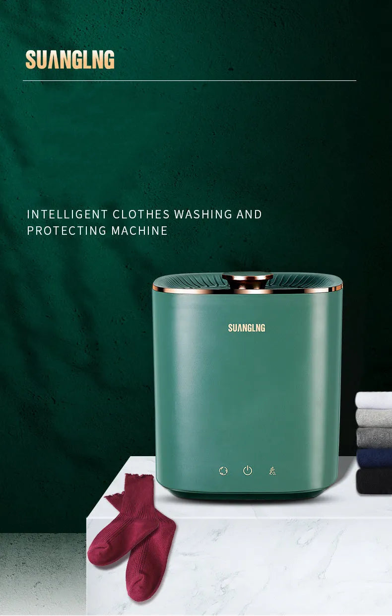 Green or white mini portable washing machine for underwear and socks with ozone sterilisation.