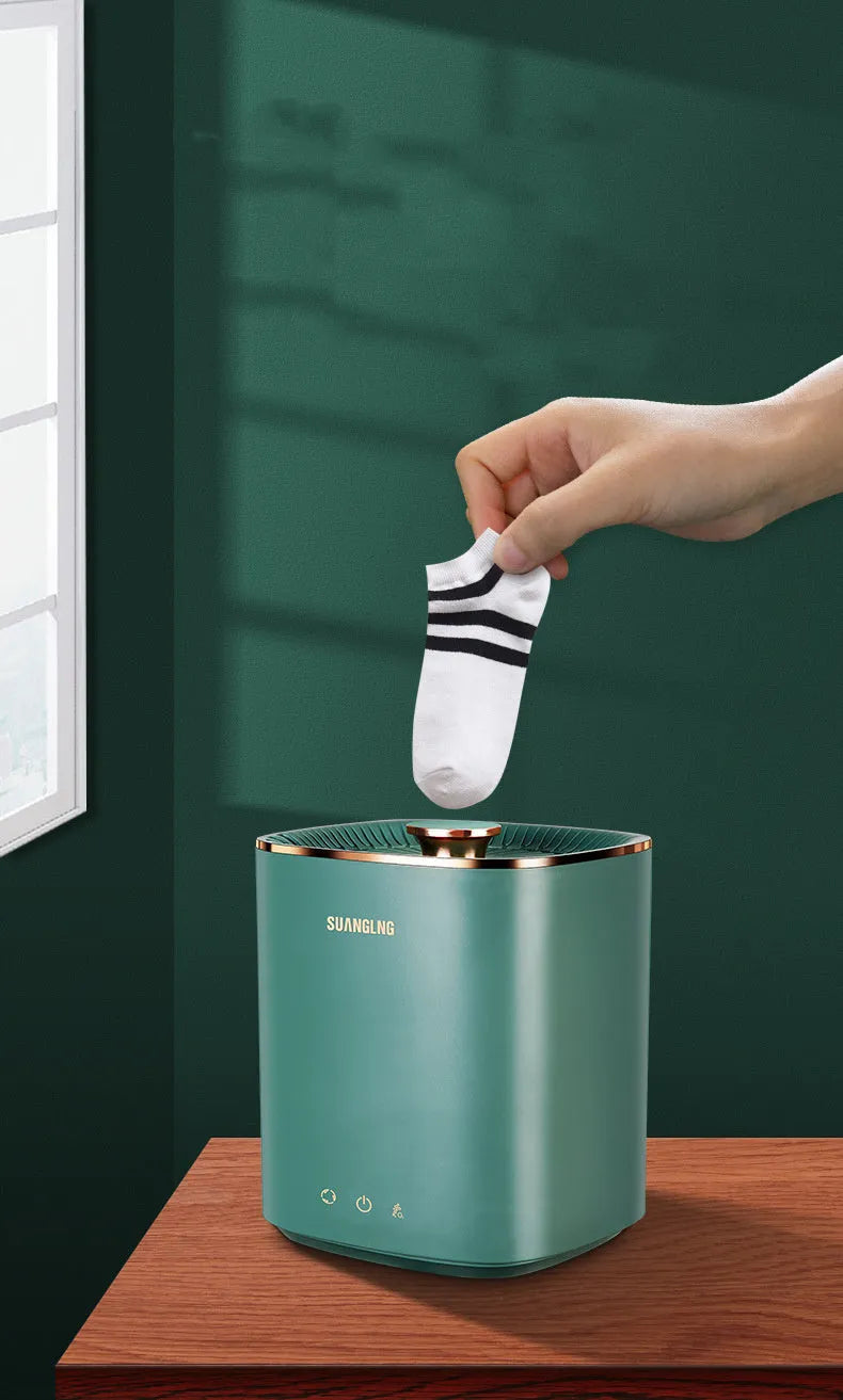 Green or white mini portable washing machine for underwear and socks with ozone sterilisation.