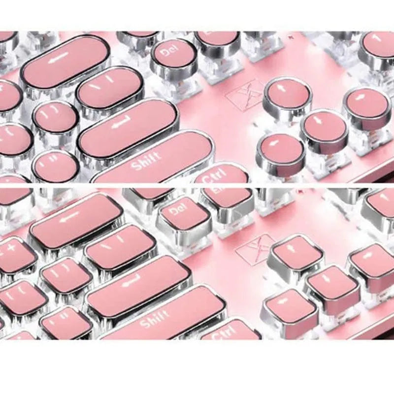 Queen Lipstick mechanical keyboard with green switches, silver bottom and pink accents