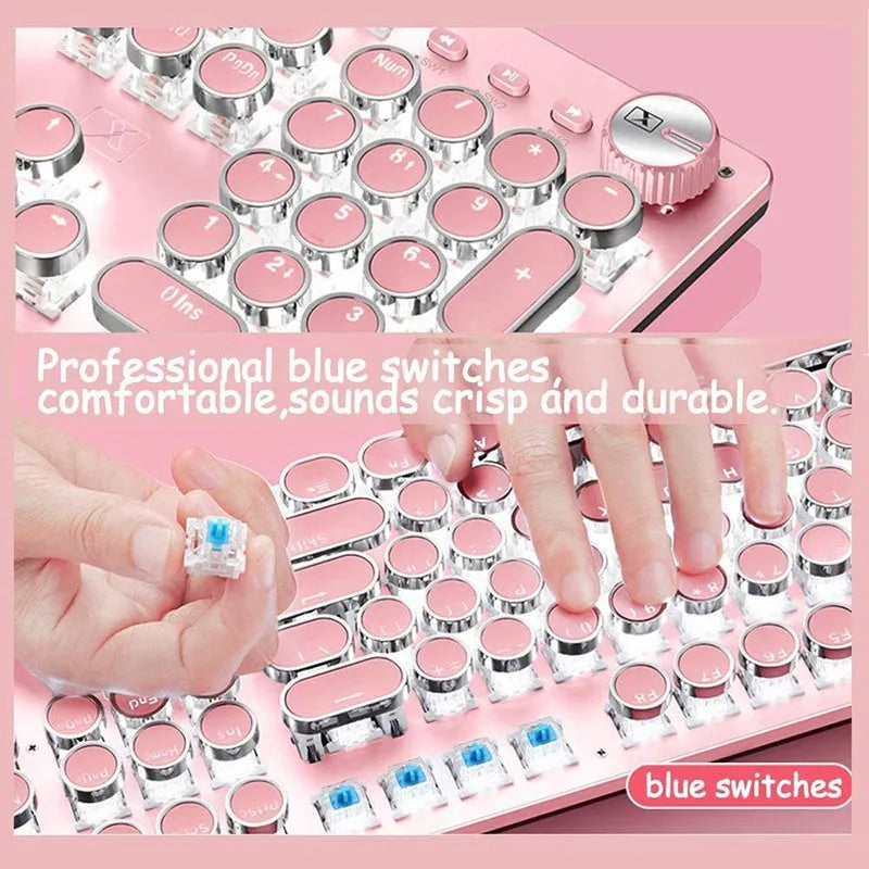 Queen Lipstick mechanical keyboard with green switches, silver bottom and pink accents