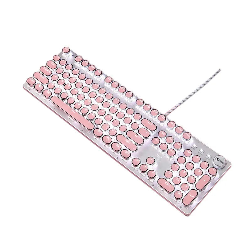 Queen Lipstick mechanical keyboard with green switches, silver bottom and pink accents
