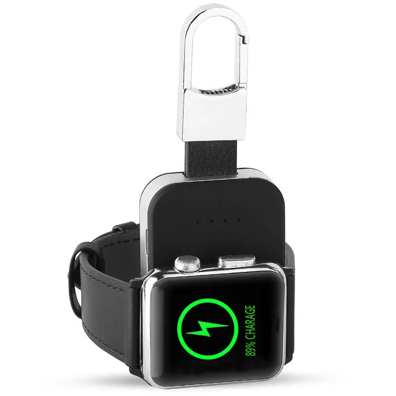 Black portable Apple Watch wireless charger power bank with keychain attachment