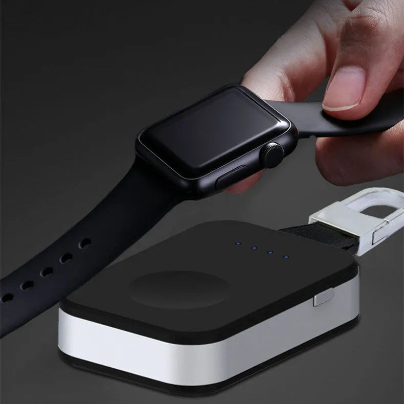 Black portable Apple Watch wireless charger power bank with keychain attachment
