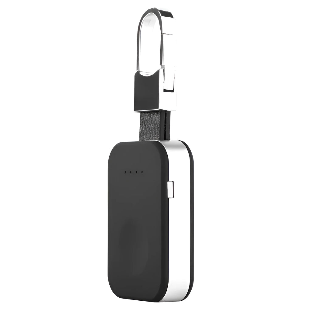 Black portable Apple Watch wireless charger power bank with keychain attachment