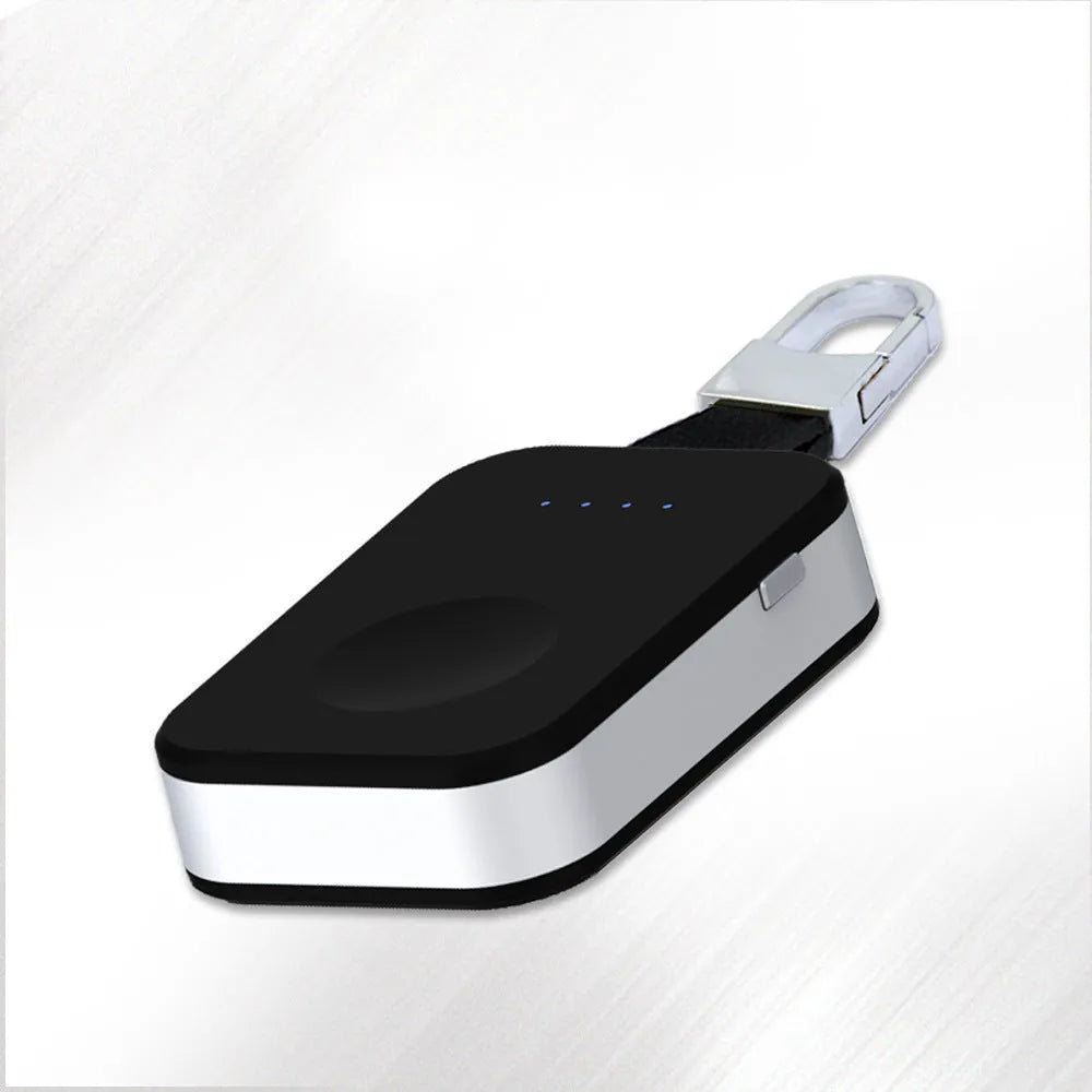 Black portable Apple Watch wireless charger power bank with keychain attachment