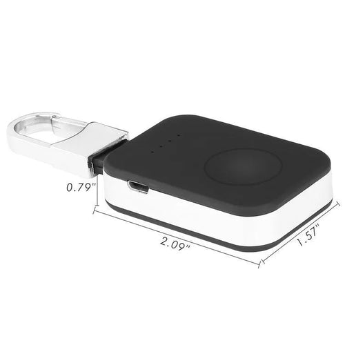 Black portable Apple Watch wireless charger power bank with keychain attachment