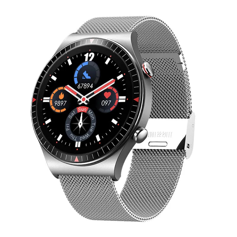 Black smart watch with metal-plastic shell and TPU silicone strap showing 1.28-inch circular display
