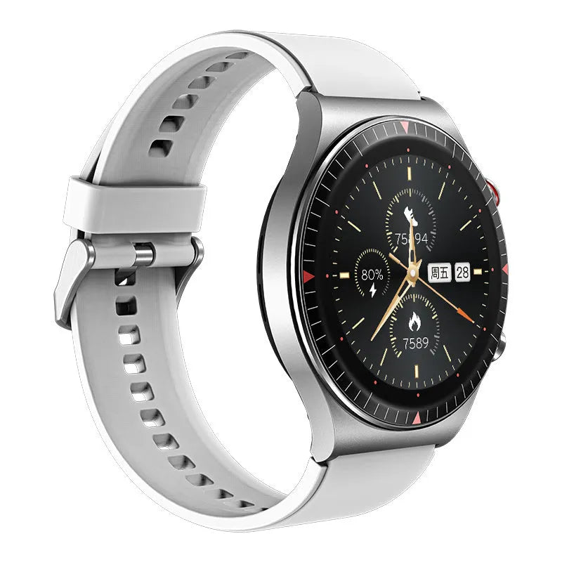 Black smart watch with metal-plastic shell and TPU silicone strap showing 1.28-inch circular display