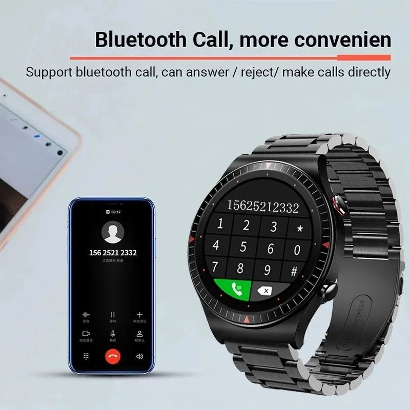 Black smart watch with metal-plastic shell and TPU silicone strap showing 1.28-inch circular display