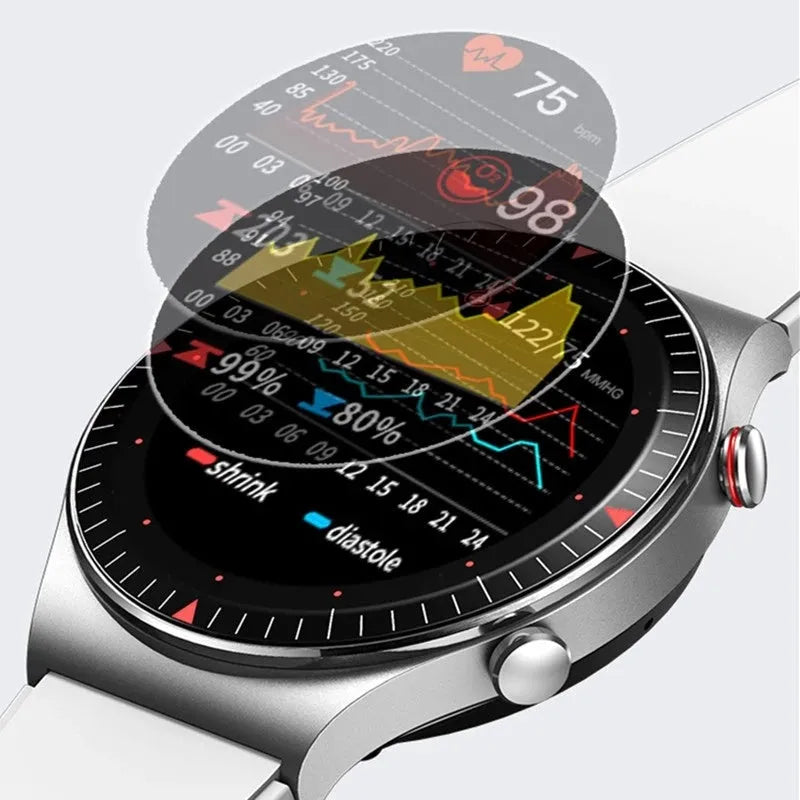 Black smart watch with metal-plastic shell and TPU silicone strap showing 1.28-inch circular display