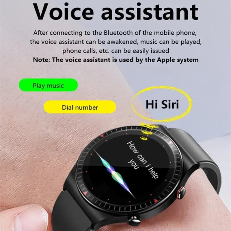Black smart watch with metal-plastic shell and TPU silicone strap showing 1.28-inch circular display