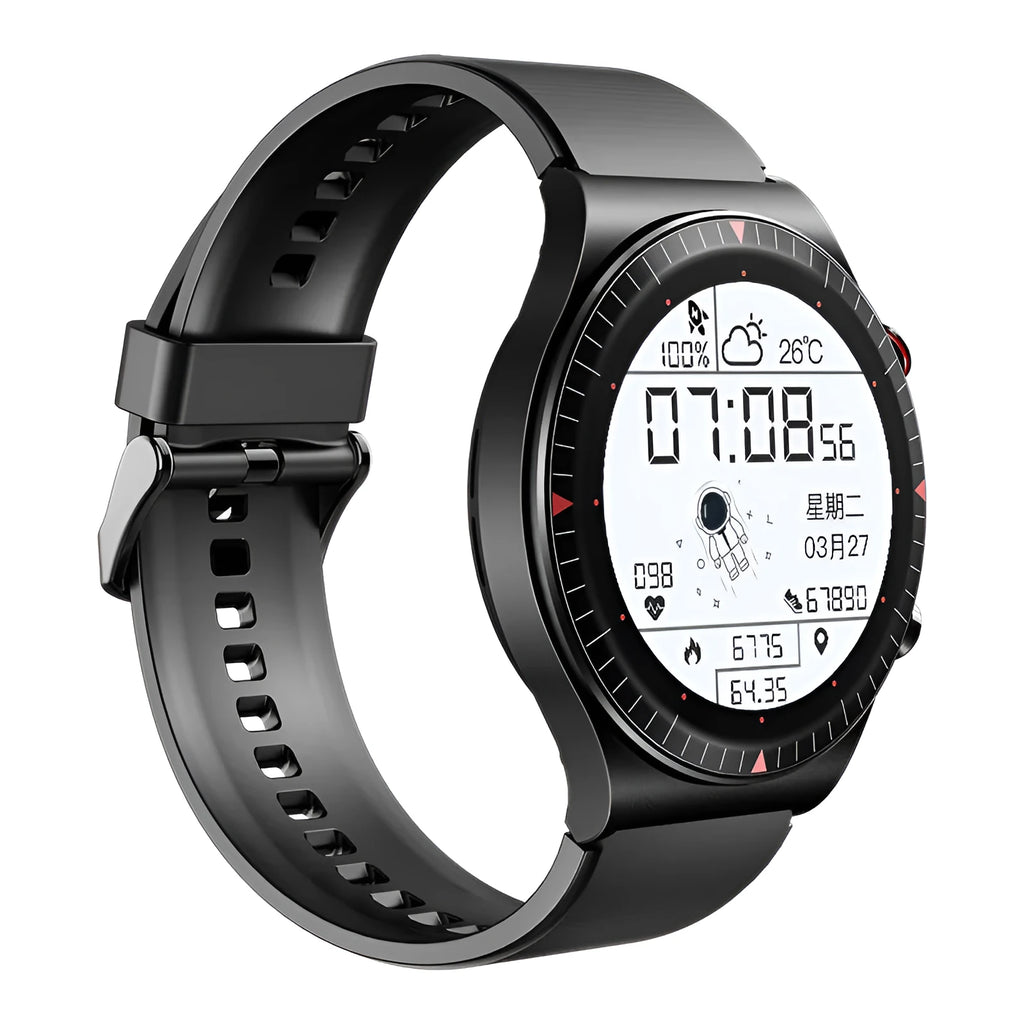 Black smart watch with metal-plastic shell and TPU silicone strap showing 1.28-inch circular display