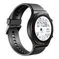Black smart watch with metal-plastic shell and TPU silicone strap showing 1.28-inch circular display