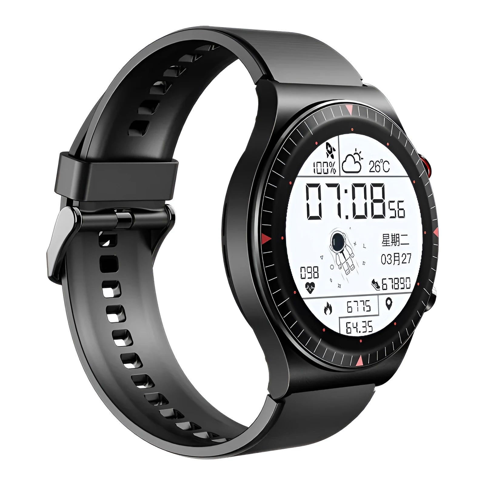 Black smart watch with metal-plastic shell and TPU silicone strap showing 1.28-inch circular display