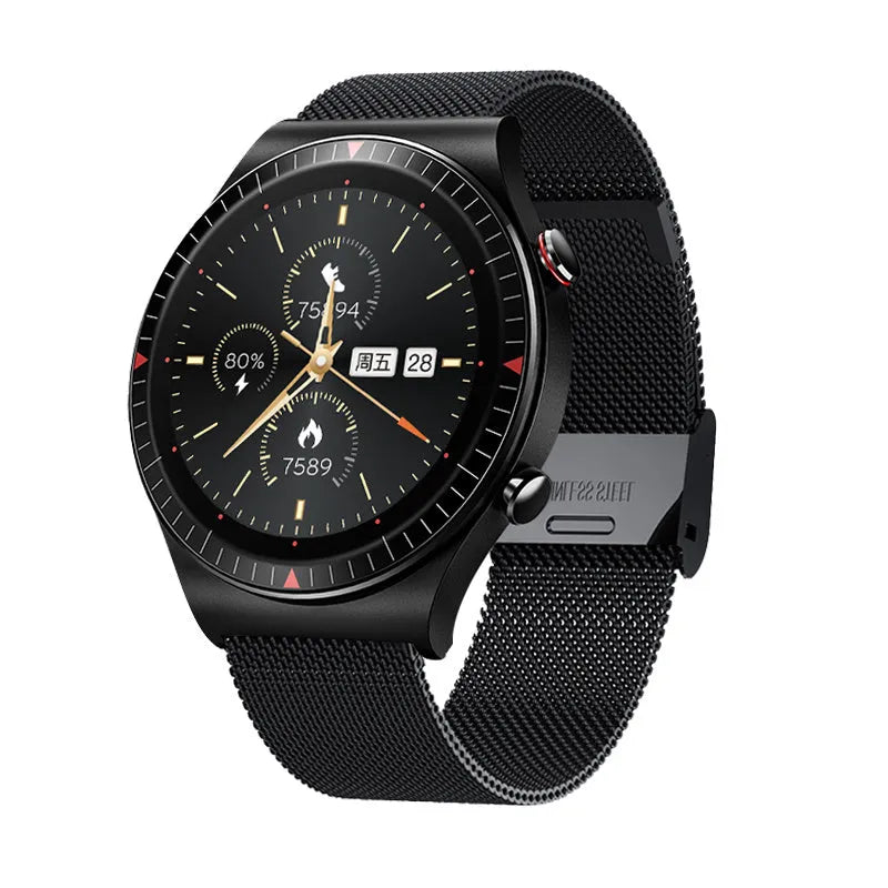 Black smart watch with metal-plastic shell and TPU silicone strap showing 1.28-inch circular display