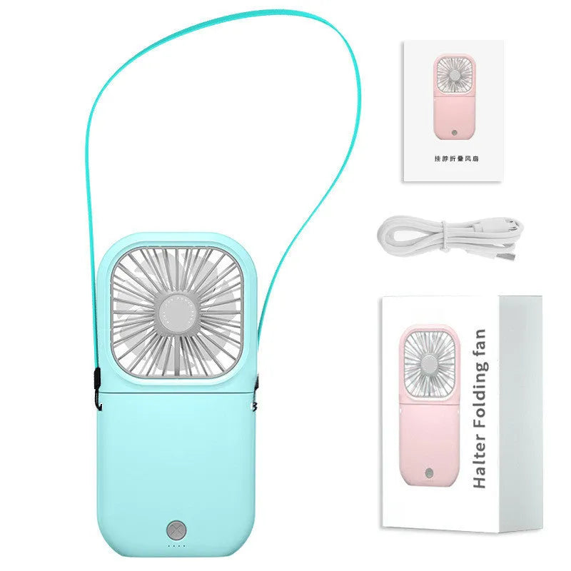 A person wearing a black hands-free neck fan with dual blue cooling fans and a USB charging cable.