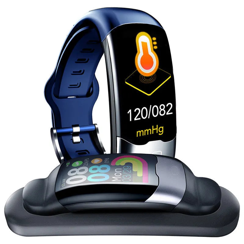 Smart fitness bracelet with digital display showing heart rate and blood pressure readings
