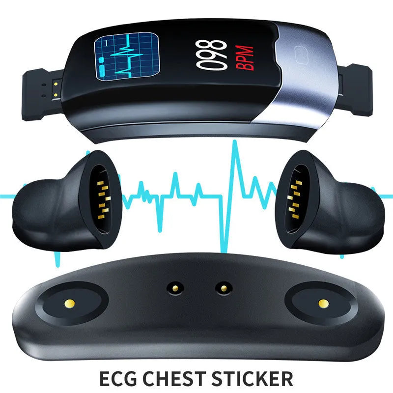 Smart fitness bracelet with digital display showing heart rate and blood pressure readings