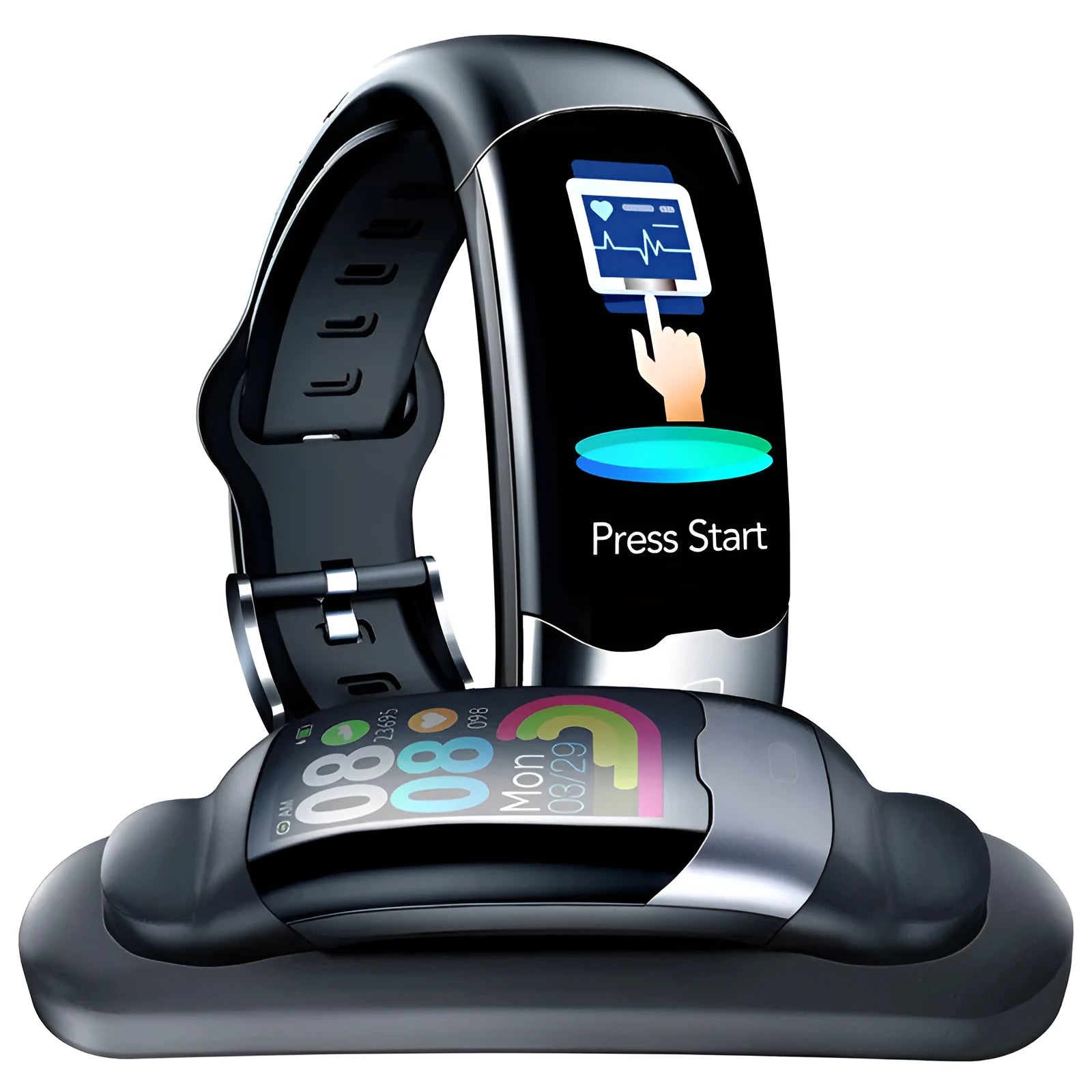 Smart fitness bracelet with digital display showing heart rate and blood pressure readings