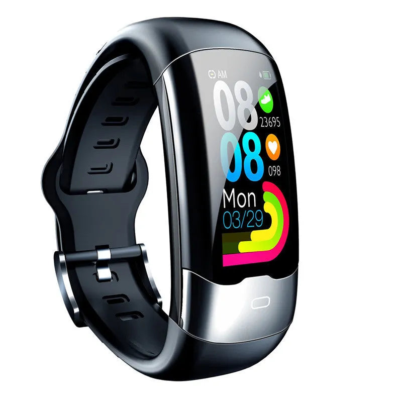 Smart fitness bracelet with digital display showing heart rate and blood pressure readings