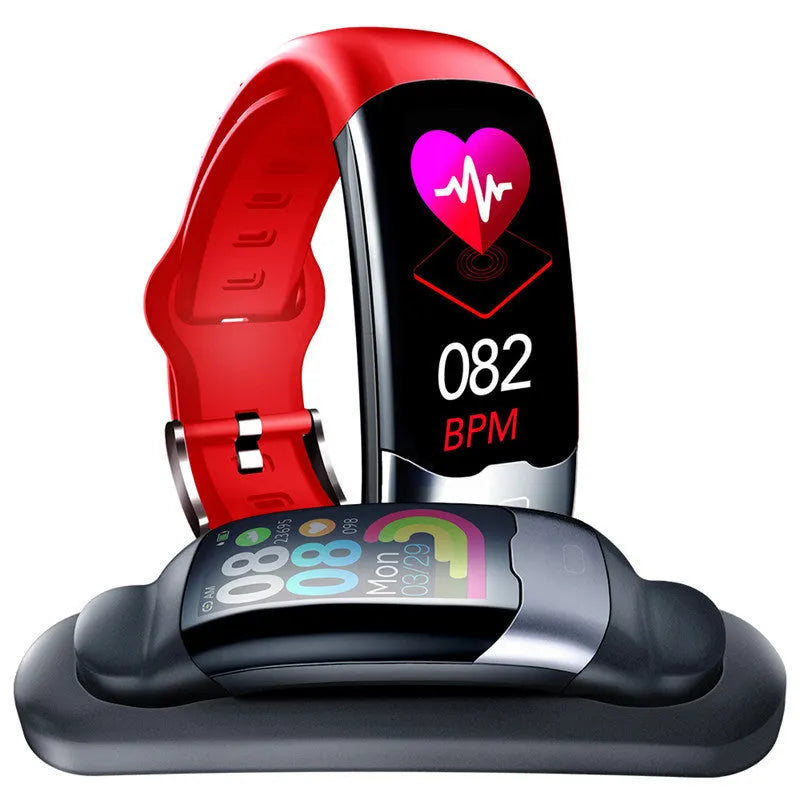 Smart fitness bracelet with digital display showing heart rate and blood pressure readings
