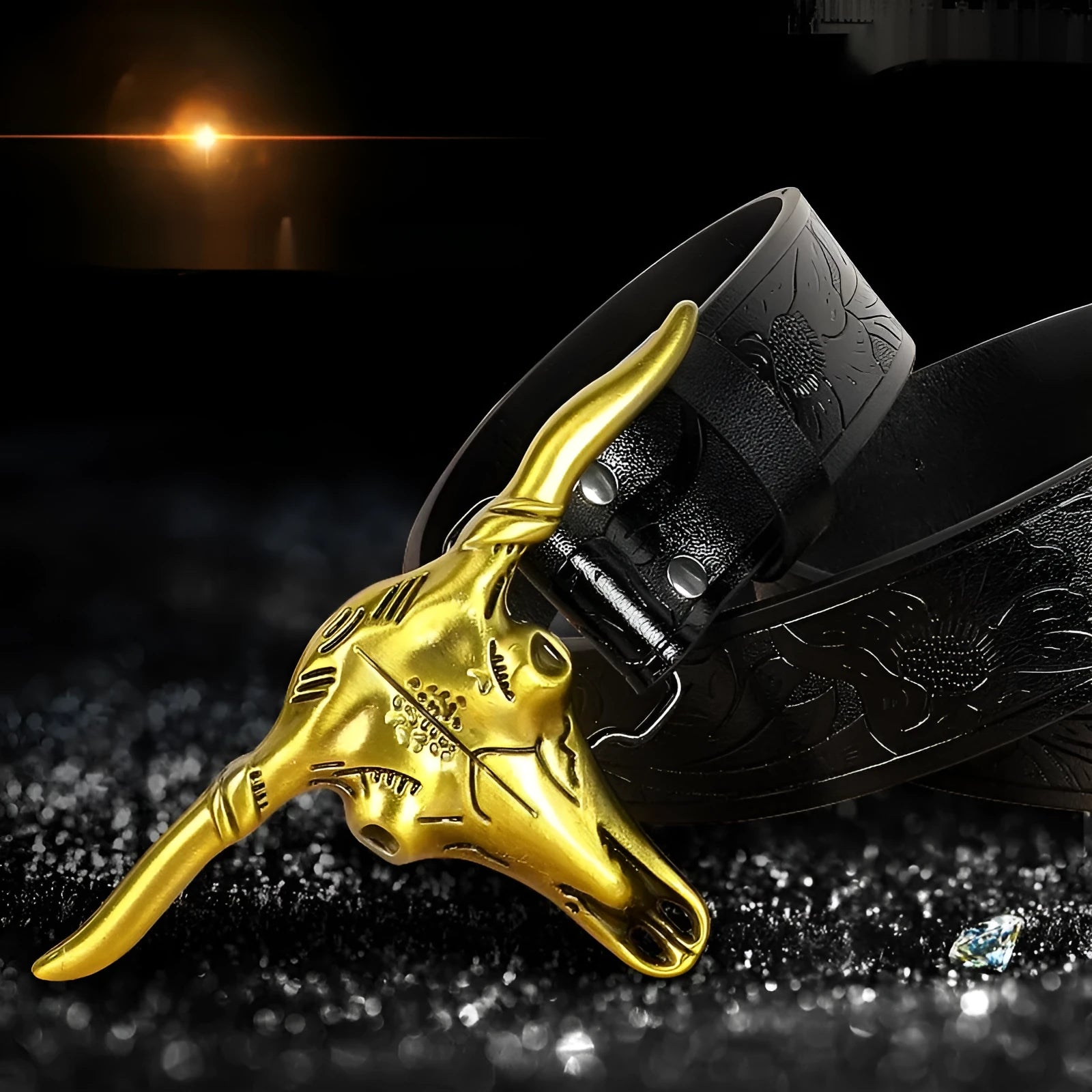 Men's black imitation leather belt with a detailed metal cow head buckle and pin clasp.