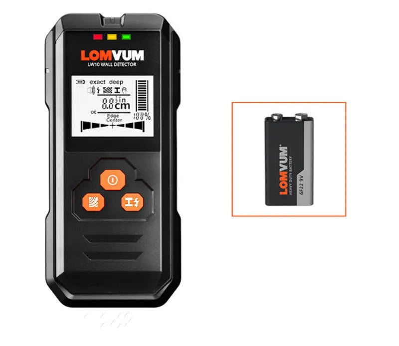 Handheld multifunctional wall detector for finding metal, wires, and wood studs behind walls.
