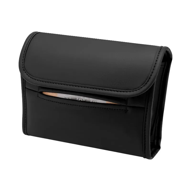 Leather car tissue box mounted on a car sun visor with elastic band strap.