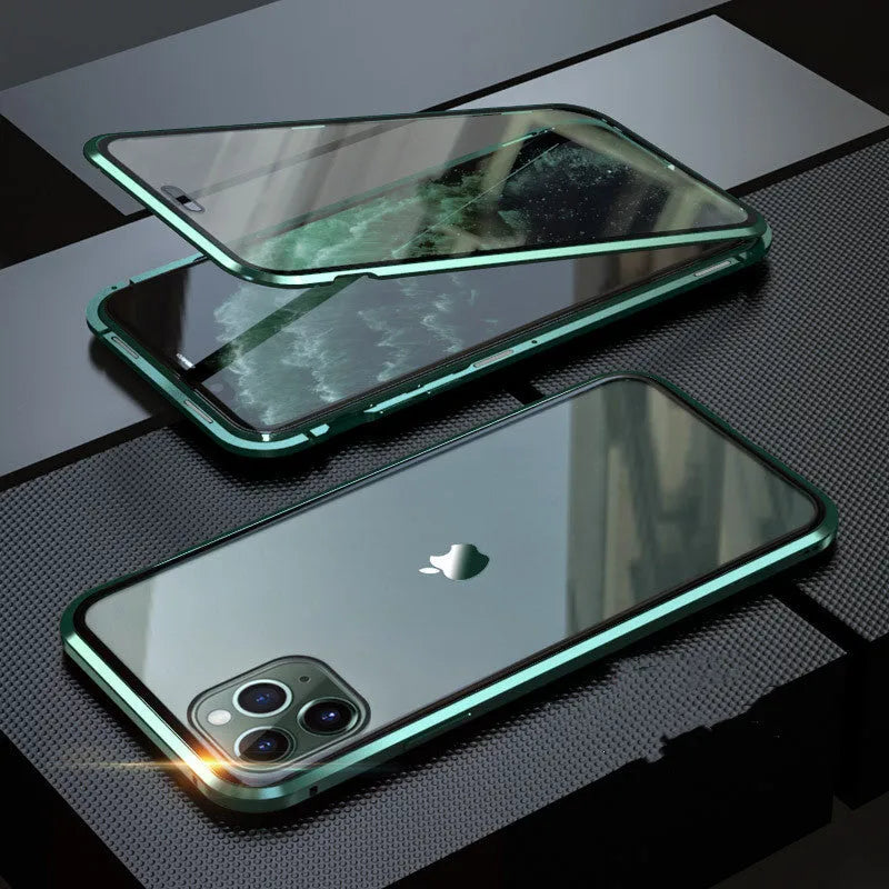A glass clamshell anti-spy privacy case for iPhone, shown in a solid colour with a geometric design.