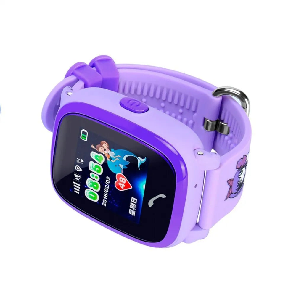 Blue children's waterproof smart watch with touch screen and silicone wristband showing emergency call function
