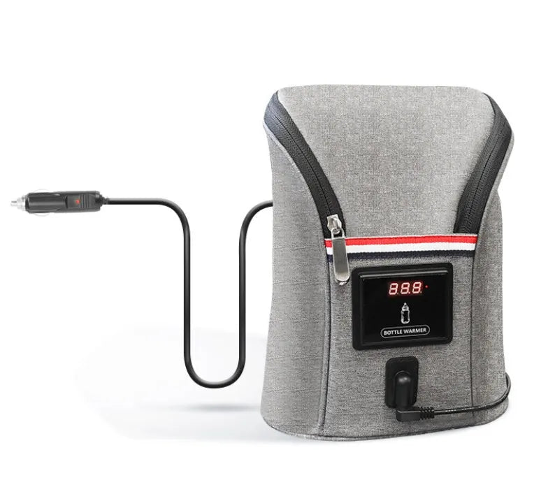 Grey Oxford cloth portable baby bottle warmer with car charger and temperature display