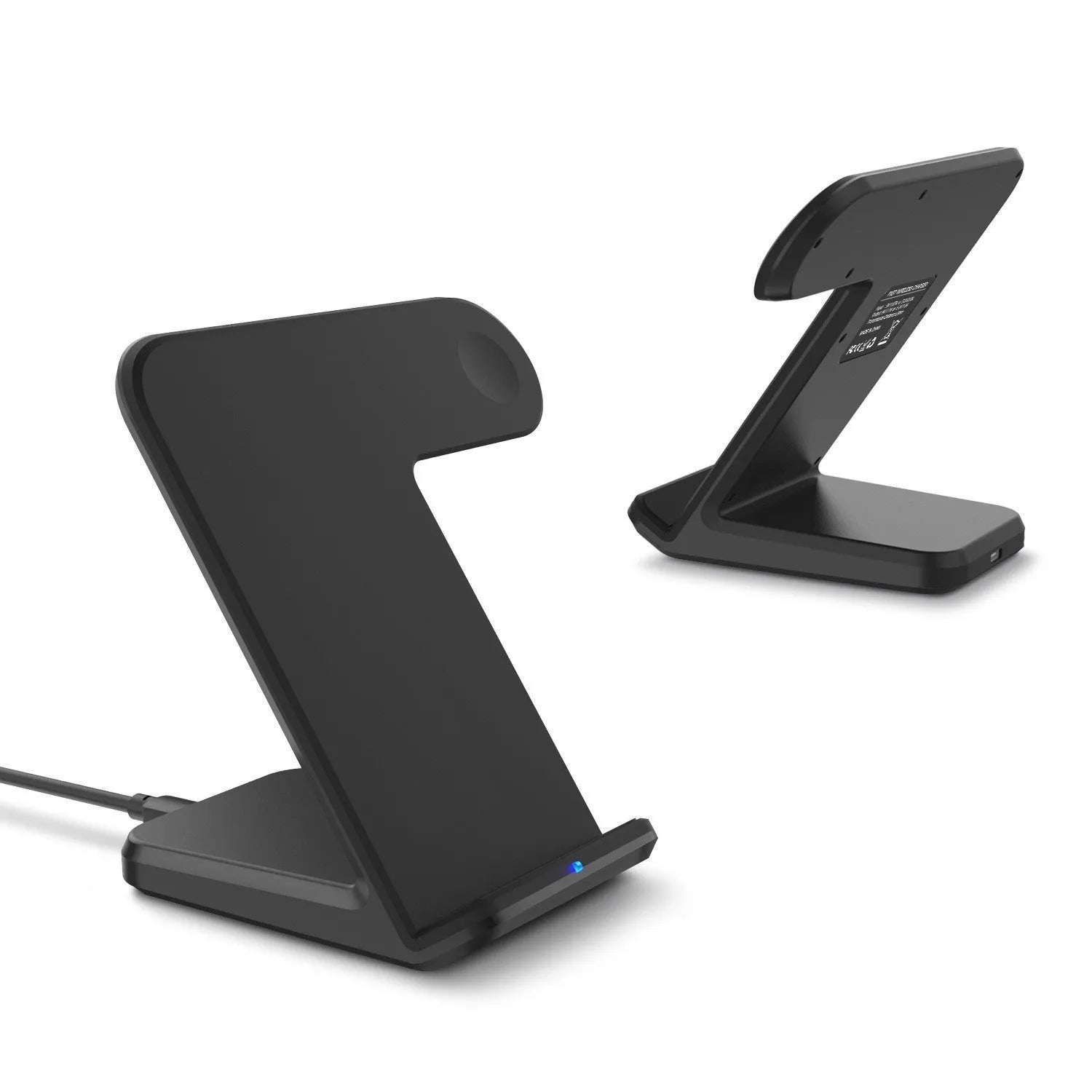 Black and white mobile phone wireless charger with Type-C cable, showing compact size.