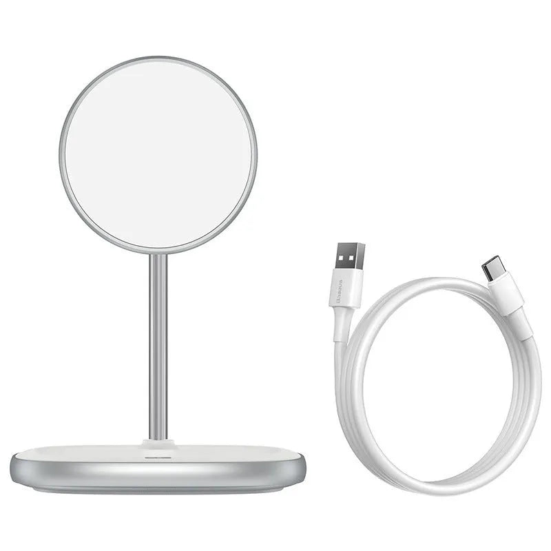 Swan Magnetic Desktop Stand Wireless Charger for Apple iPhone 12 in black colour on a desk