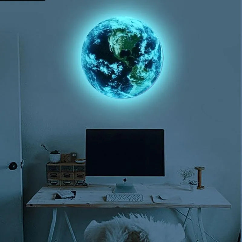 Luminous 3D Earth wall sticker glowing in dark on bedroom ceiling available in 30cm size