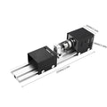 Silver metal mini woodworking lathe with 140mm capacity and included carving knives and wrenches on white background