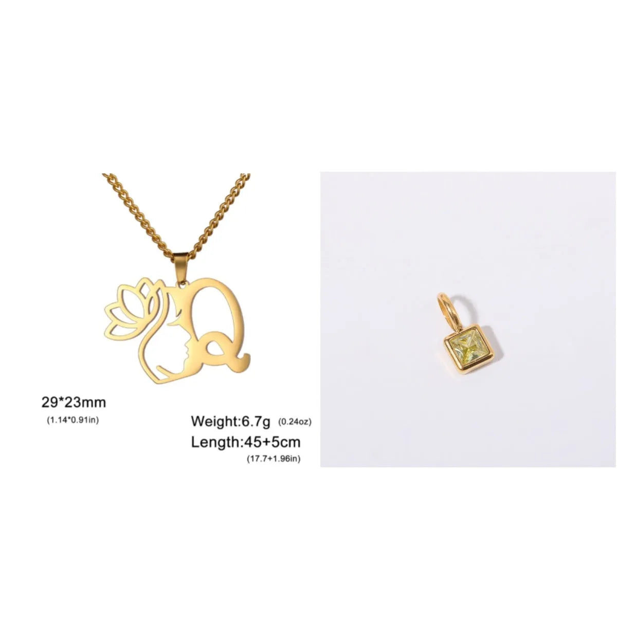 Stainless steel necklace with cross chain design and single letter pendant in gold or silver electroplated finish