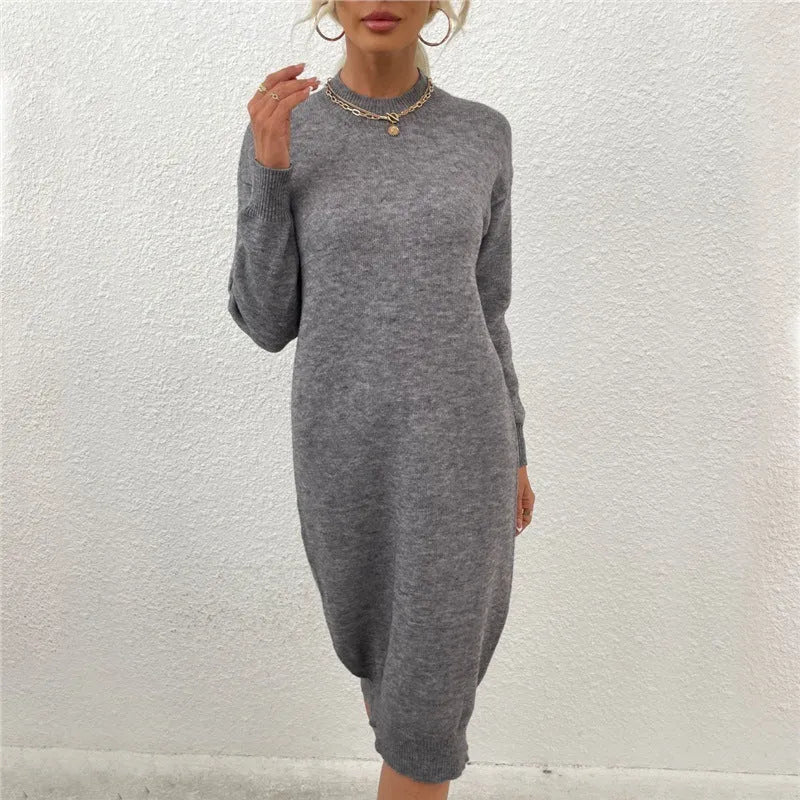 Grey women's casual acrylic pullover sweater dress with crew neck and long sleeves.