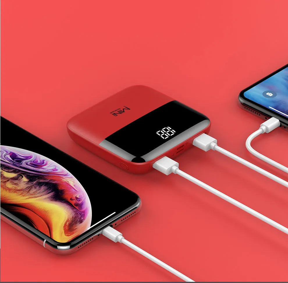 10000mAh portable power bank with digital display showing battery percentage and dual USB ports