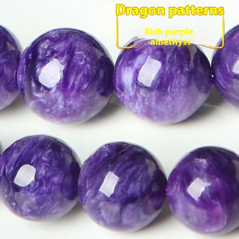 Natural transparent charoite crystal bracelet with platinum elements in four bead sizes