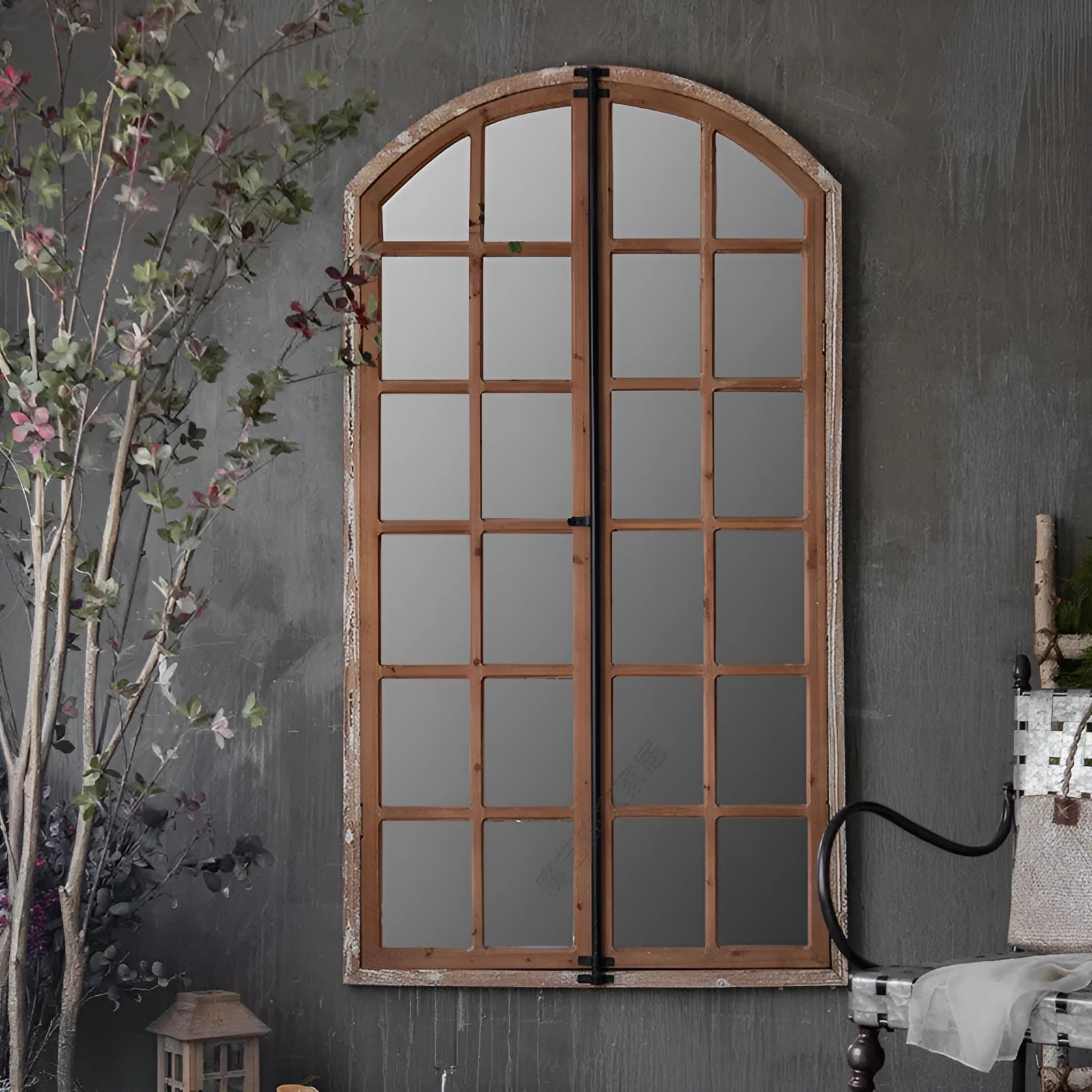 Terrace distressed wooden frame fake window wall mirror with glass panel in log colour