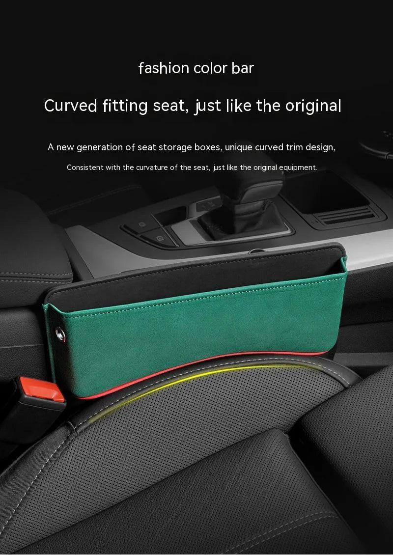 Leather car seat storage box in choice of black, brown, beige, green or red suede colour