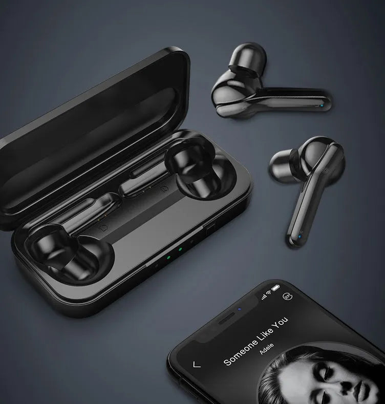 Black and white True Wireless Stereo Bluetooth 5.0 earbuds with IPX5 waterproof rating.