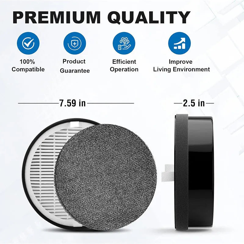 Levoit LV-H132 air purifier replacement filter and washable pre-filter cotton, shown with dimensions.