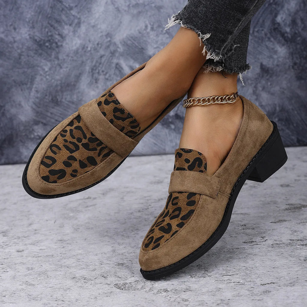 Leopard print suede slip-on shoes with a chunky mid heel and pointed toe in pink, brown, or khaki.