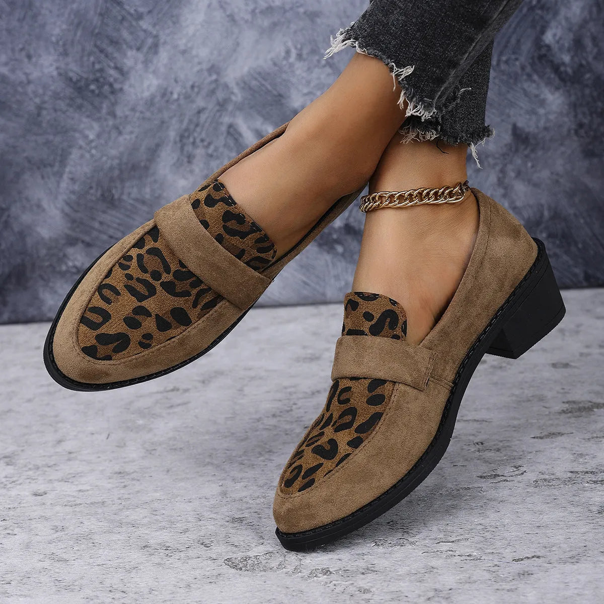 Leopard print suede slip-on shoes with a chunky mid heel and pointed toe in pink, brown, or khaki.