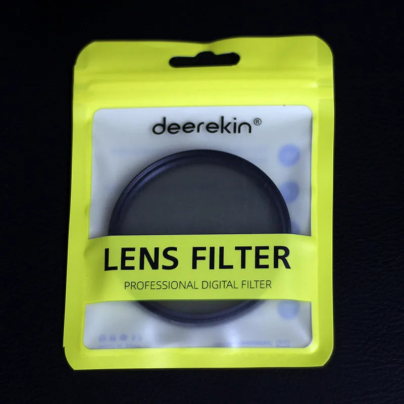 ND8 neutral density camera filter reducer with aviation aluminium frame shown next to lens.