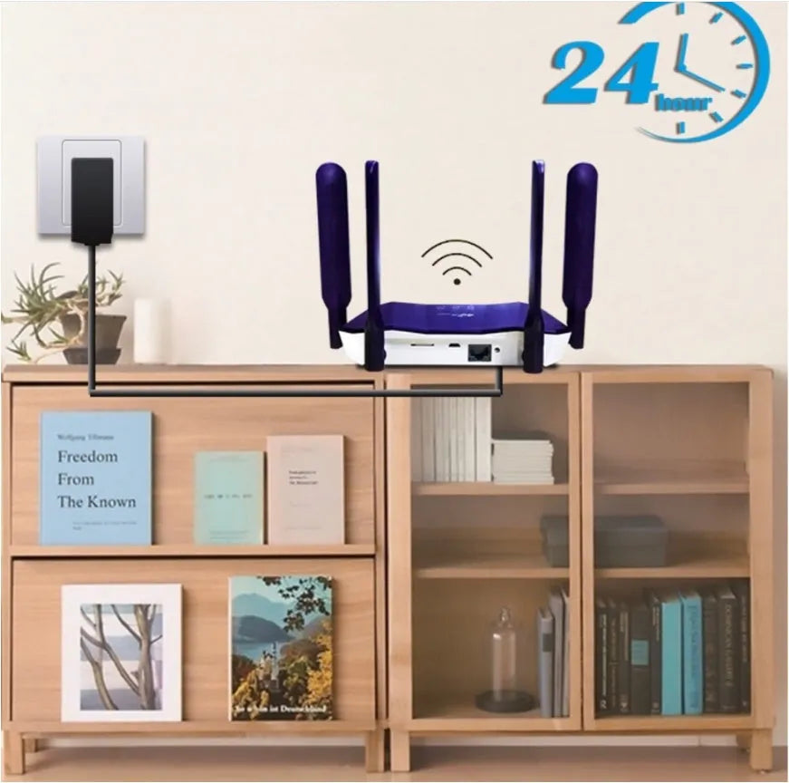 Blue 4G and wired dual-mode internet router with four extended antennas.