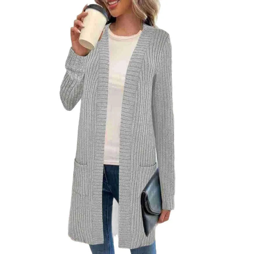 Long sleeve loose fit knitted cardigan jacket in black, grey, or wine red with pockets.