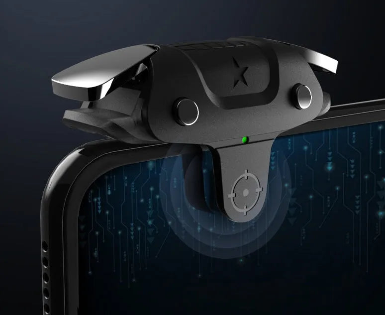 Black F5 mobile game controller showing compact dimensions and USB connection for phone gaming
