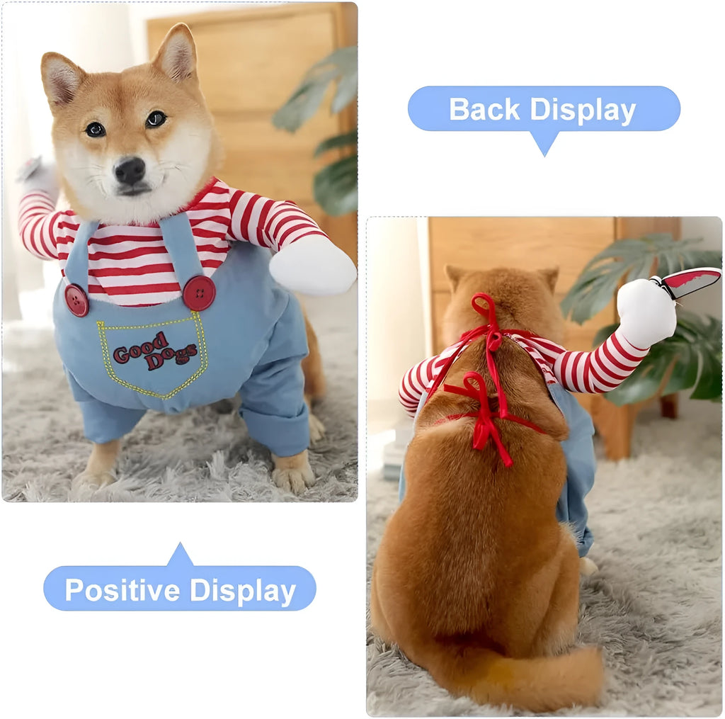 Striped Halloween harness pants costume for dogs and cats with knife accessory in four sizes